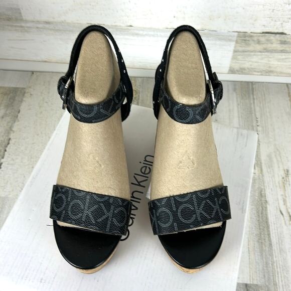 Calvin Klein Karmona Women’s 6.5 Black Logo faux Leather Wedge Strappy Sandals - Picture 3 of 8